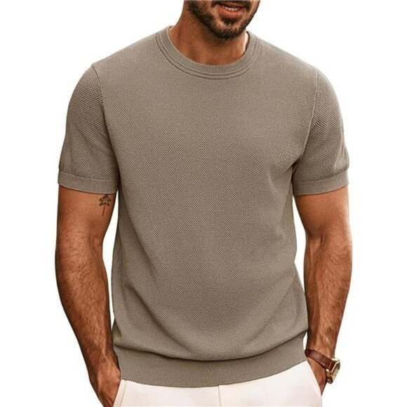 Mens Short Sleeve Knit T Shirt Crewneck Casual Solid Tee Stretchy Top - Picture 1 of 6